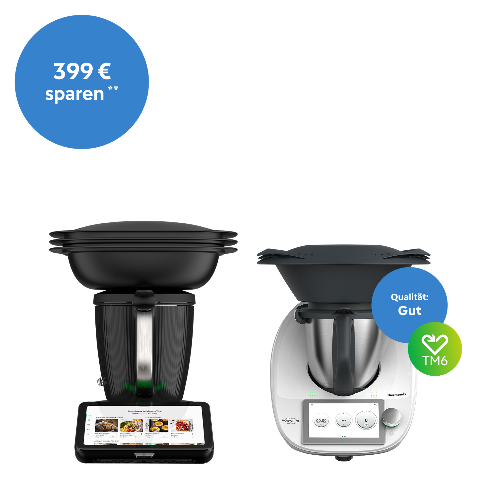 Thermomix® TM7 und Thermomix® TM6 mit Varoma, blaue Preis- und Qualitätslabels in den Ecken.