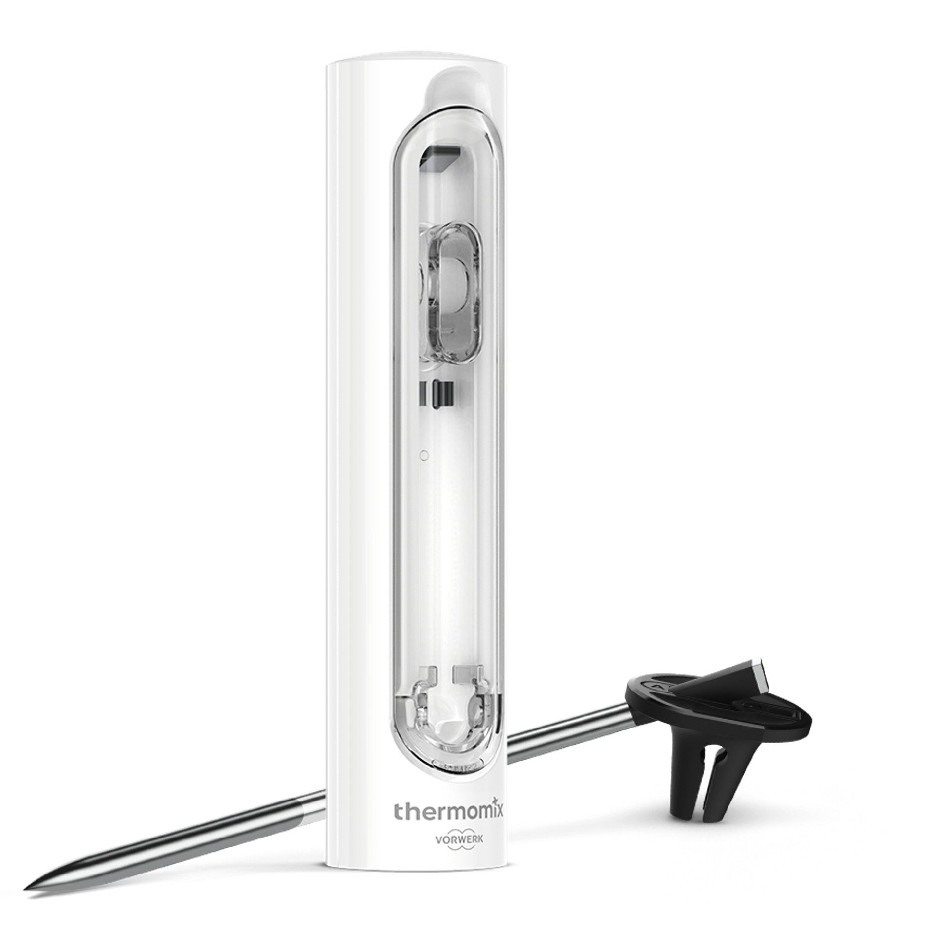 Thermomix® Sensor mit Basis und Edelstahlfühler vor weißem Hintergrund.