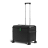 Black rolling suitcase with green zipper pulls and extended telescopic handle placed on four wheels