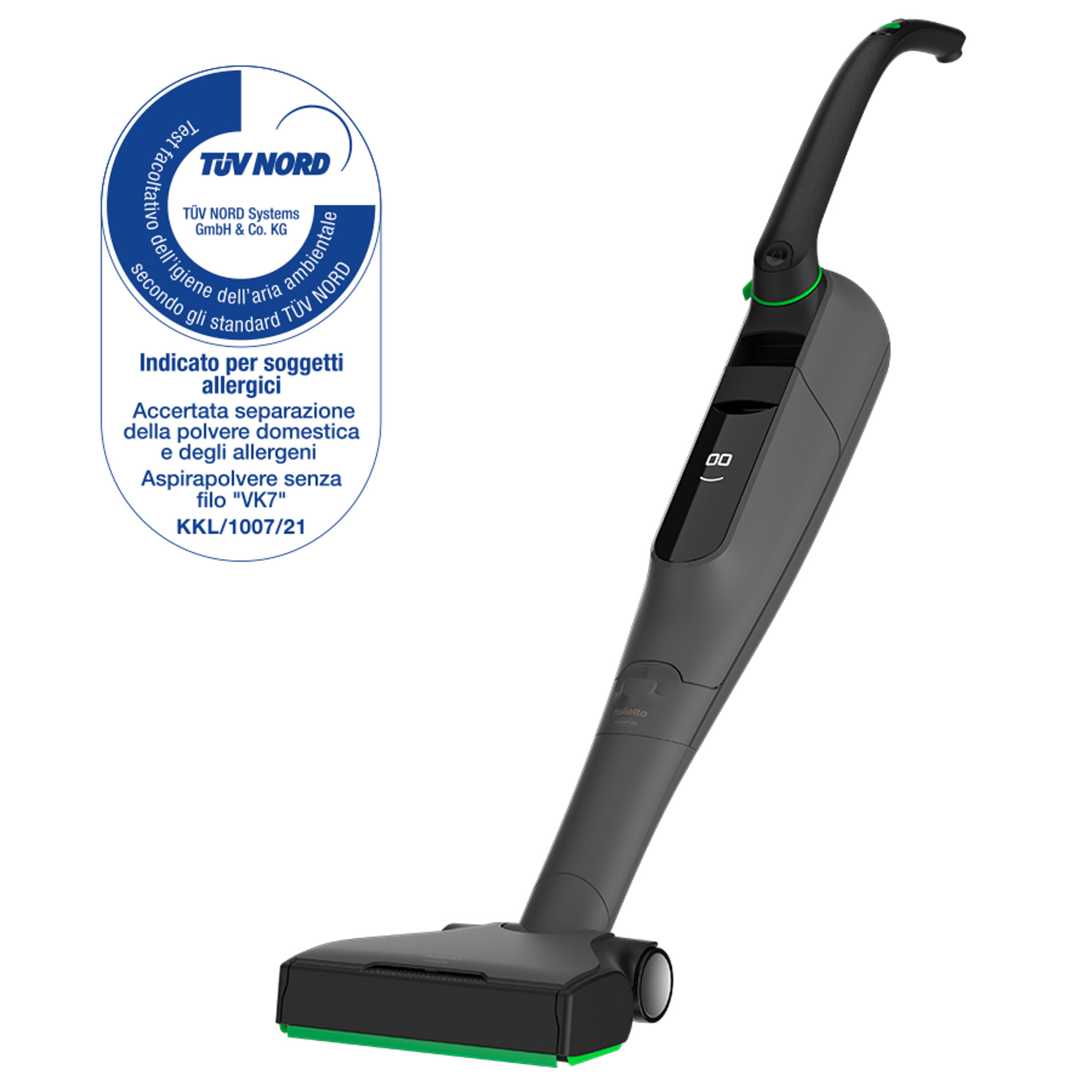 Sistema di pulizia Folletto VK7s Pure Black Limited Edition, vista angolata, accanto al marchio TÜV NORD per soggetti allergici.