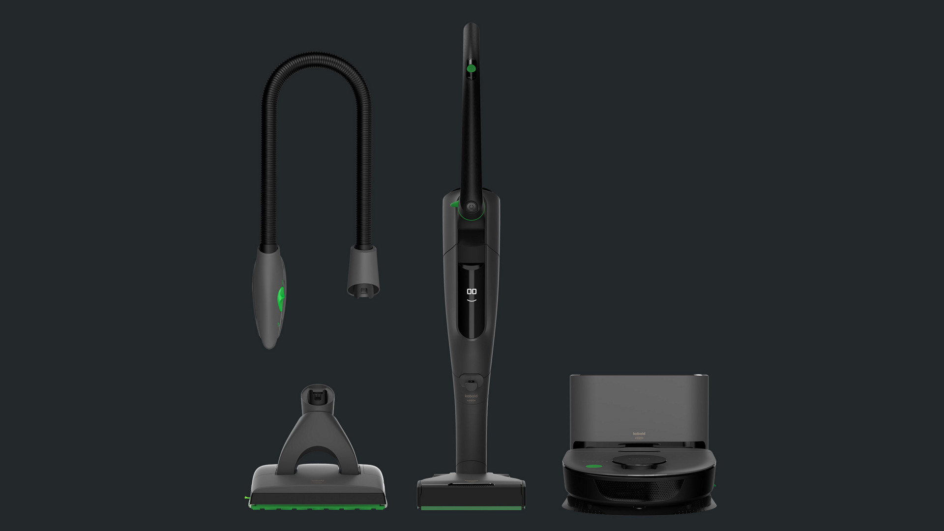 Kobold VK7 Black Edition mit PB7, SP7, Akku-Staubsauger und VR7 Saugroboter auf dunklem Hintergrund.