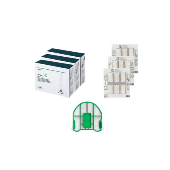 VB100 Jahrespaket mit drei Kartons Kobold Staubsaugerbeuteln mehreren Filterpackungen und grünem Staubsaugerfilter