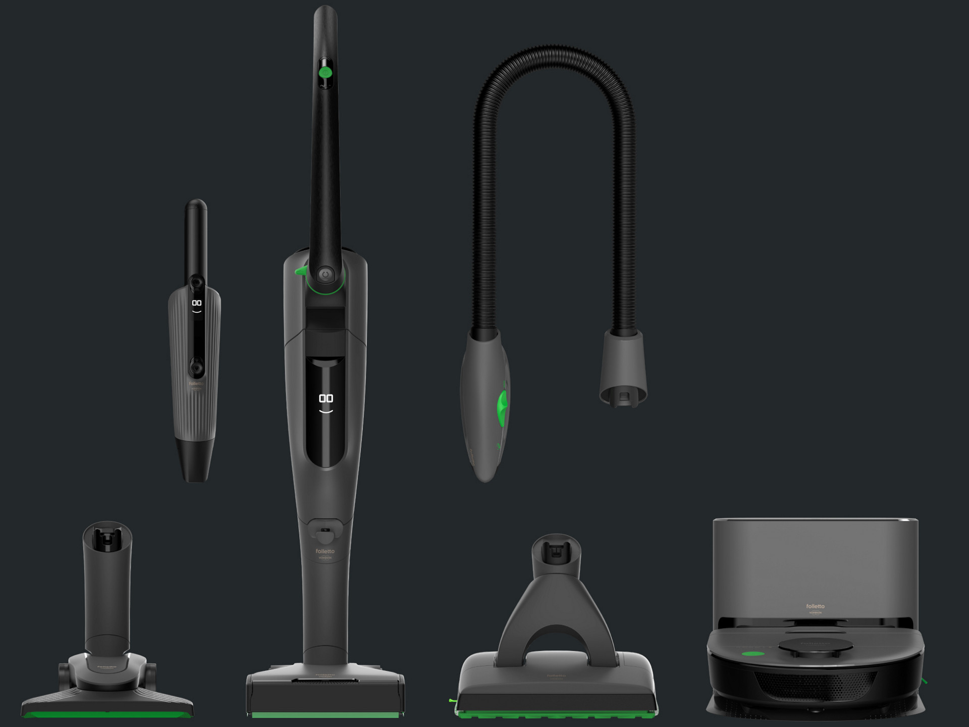 Collezione completa Folletto VK7s e Robot Aspirapolvere Folletto VR7s neri con accessori e base di carica su sfondo scuro.