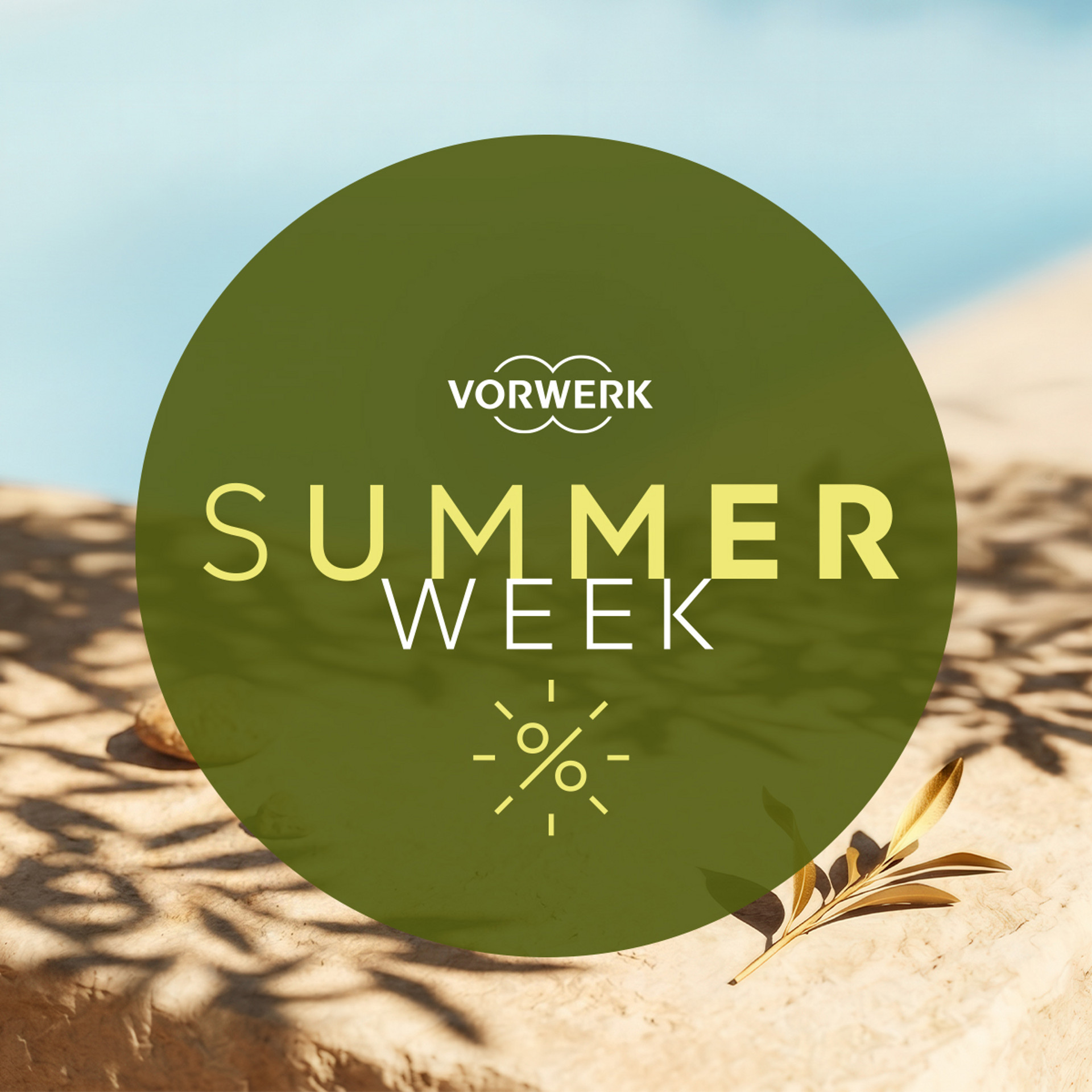 Vorwerk Summer Week Werbegrafik mit grünem Kreis, Schriftzug und stilisiertem Zweig auf sonnigem Hintergrund.