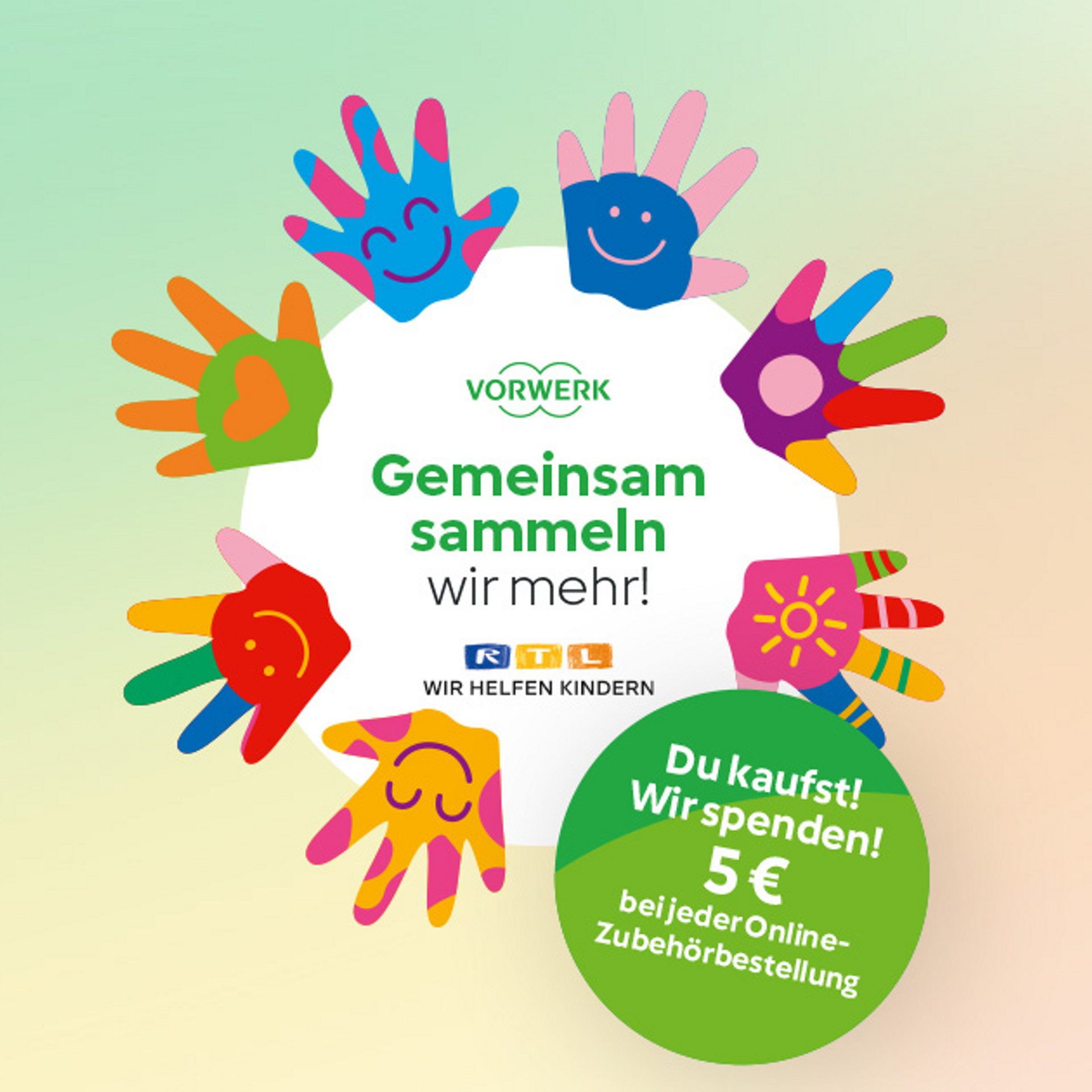 Bunte Handabdrücke umgeben einen weißen Kreis mit Vorwerk-, RTL- und Spendekampagnen-Text für Kinder.