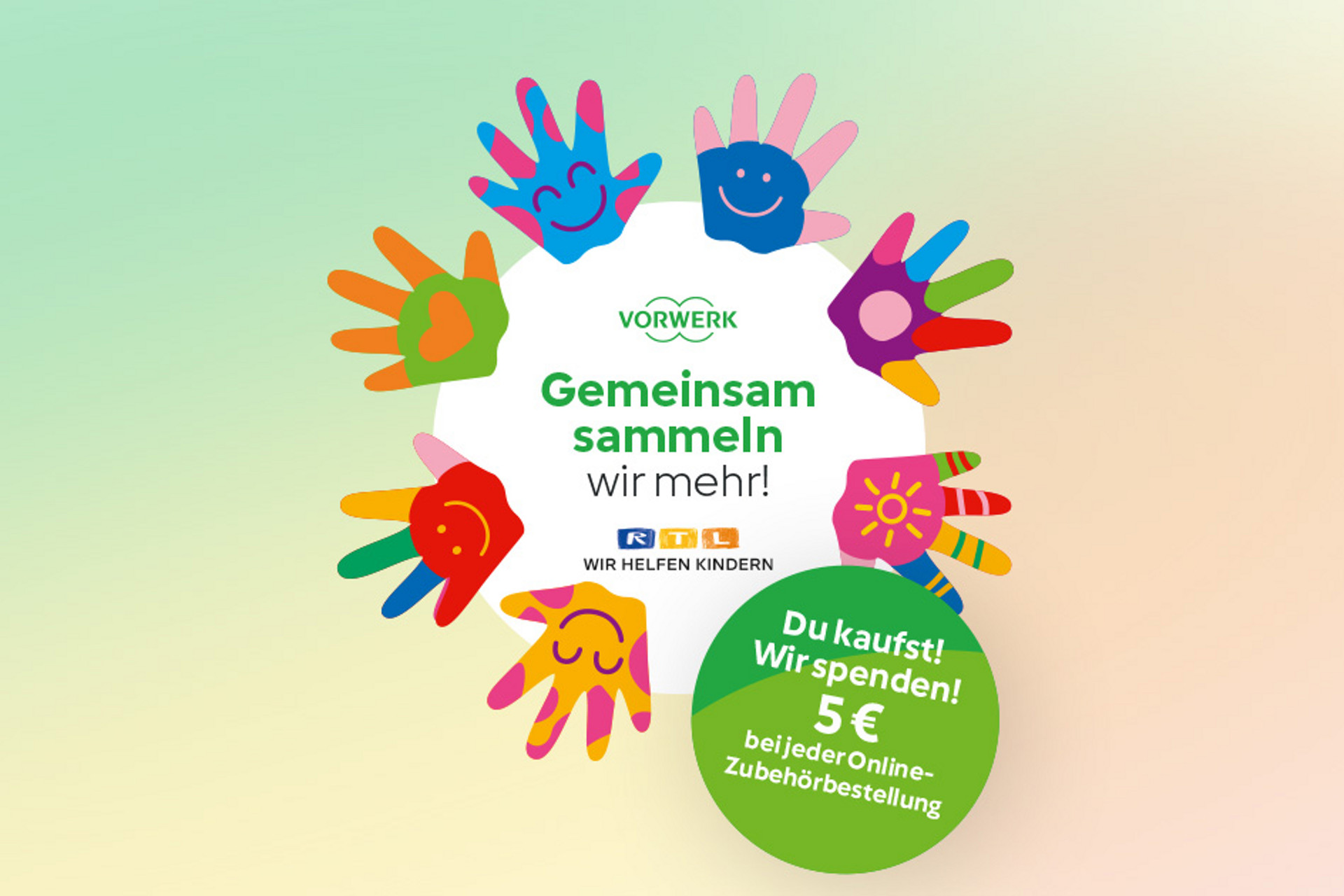 Bunte Handabdrücke umgeben einen weißen Kreis mit Vorwerk-, RTL- und Spendekampagnen-Text für Kinder.