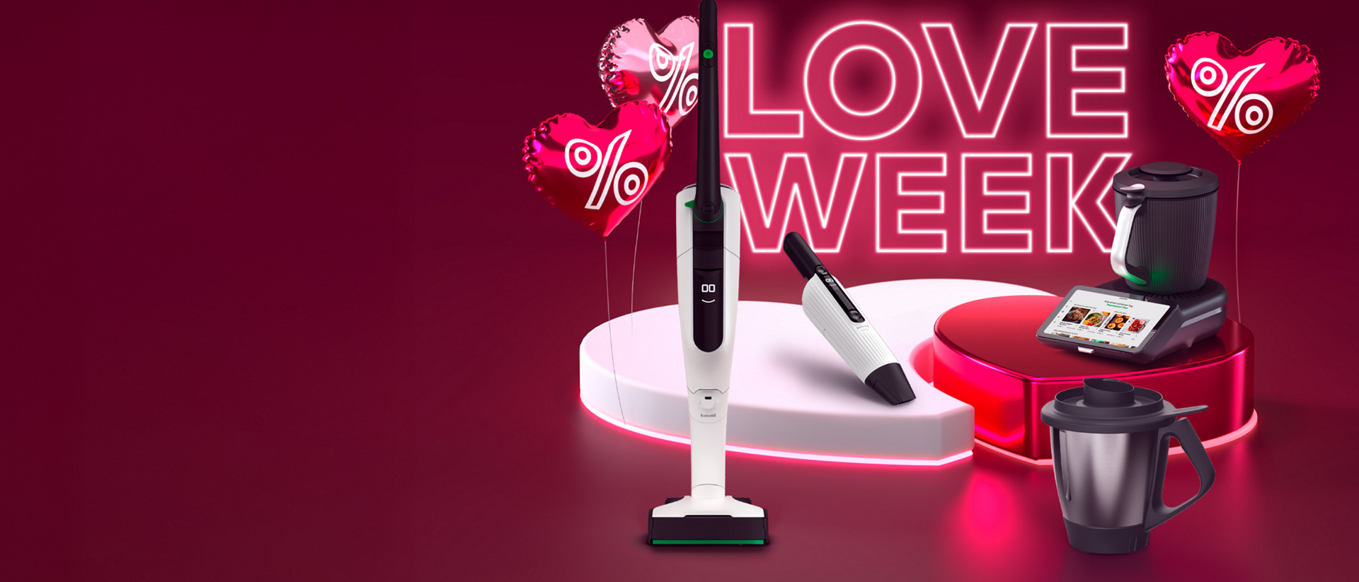 Kobold VK7, Kobold VM7, Thermomix® TM7 und Thermomix® TM7 Mixtopf mit "LOVE WEEK" und herzförmigen Ballons.