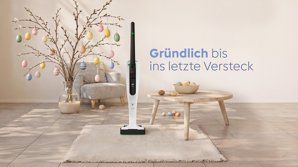 Kobold Akku-Staubsauger Wohnzimmer mit Osterdekoration