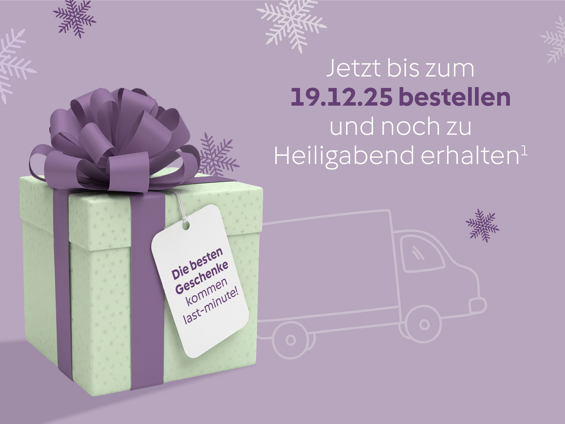 Lila Geschenkbox mit Schleife und Anhänger „Die besten Geschenke kommen last-minute!“