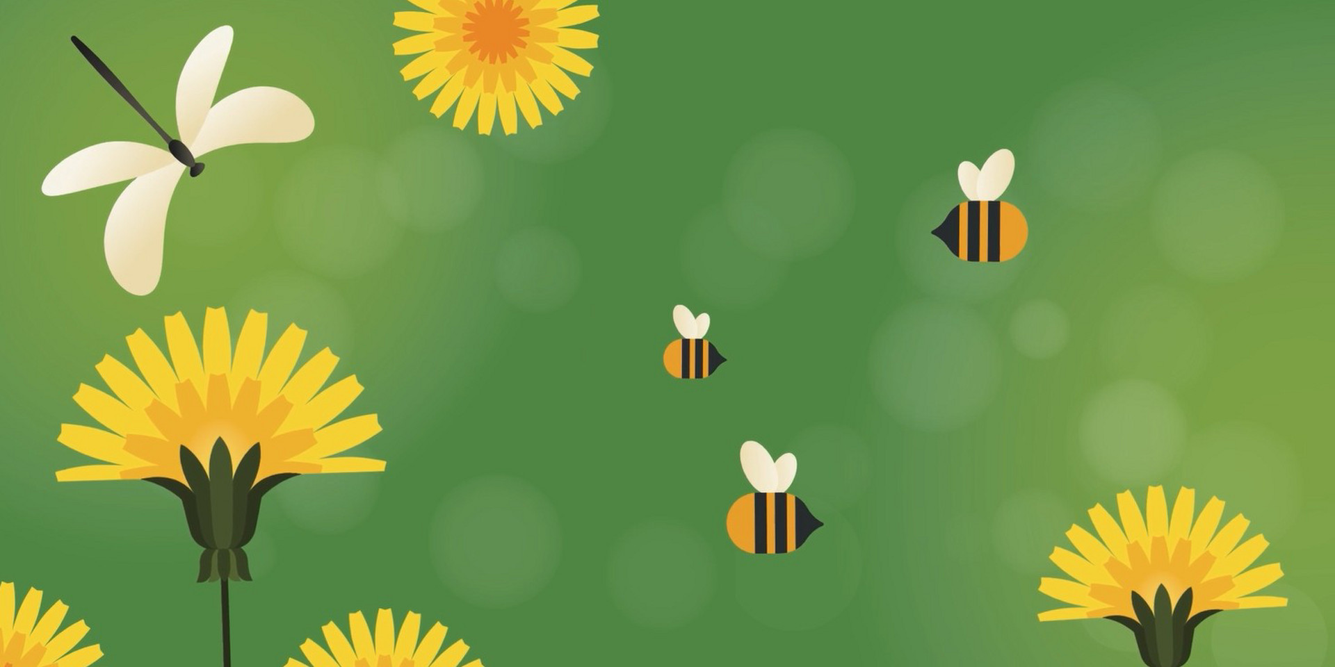 Gelbe Löwenzahnblüten, Bienen und ein weißer Schmetterling auf grünem Hintergrund mit Lichteffekten.