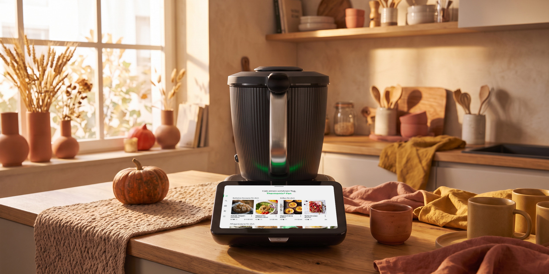 Thermomix® TM7 auf einer Küchenarbeitsplatte mit Kürbis und herbstlicher Dekoration im Hintergrund.