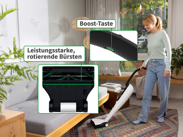 Die Boost-Funktion und die leistungsstarken, rotierenden Bürsten der EB7 Elektrobürste werden im Detail erklärt