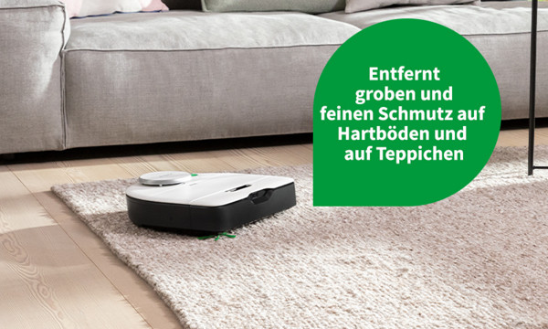 Der VR7 Saugroboter entfernt Schmutz von Teppichen und Hartböden
