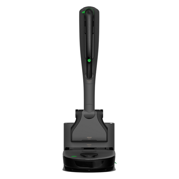 Kobold VR7 Saugroboter in Schwarz mit Dockingstation frontal und aufrecht stehend