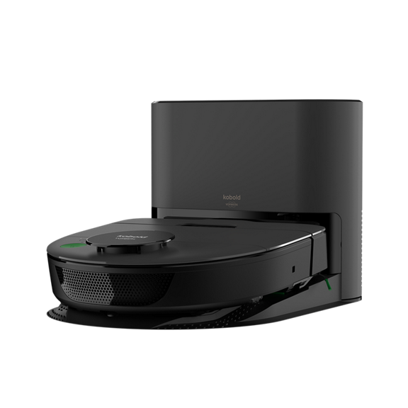Kobold VR7 Saugroboter in Schwarz auf der Basisstation Frontansicht mit Docking und Ladefunktion