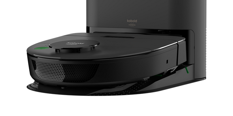 Kobold VR7 Saugroboter in Schwarz auf der Basisstation Frontansicht mit Docking und Ladefunktion