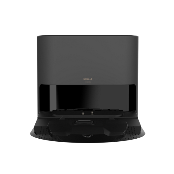 Kobold VR7 Saugroboter Dockingstation in Schwarz Vorderansicht mit Andockbereich und Vorwerk Logo