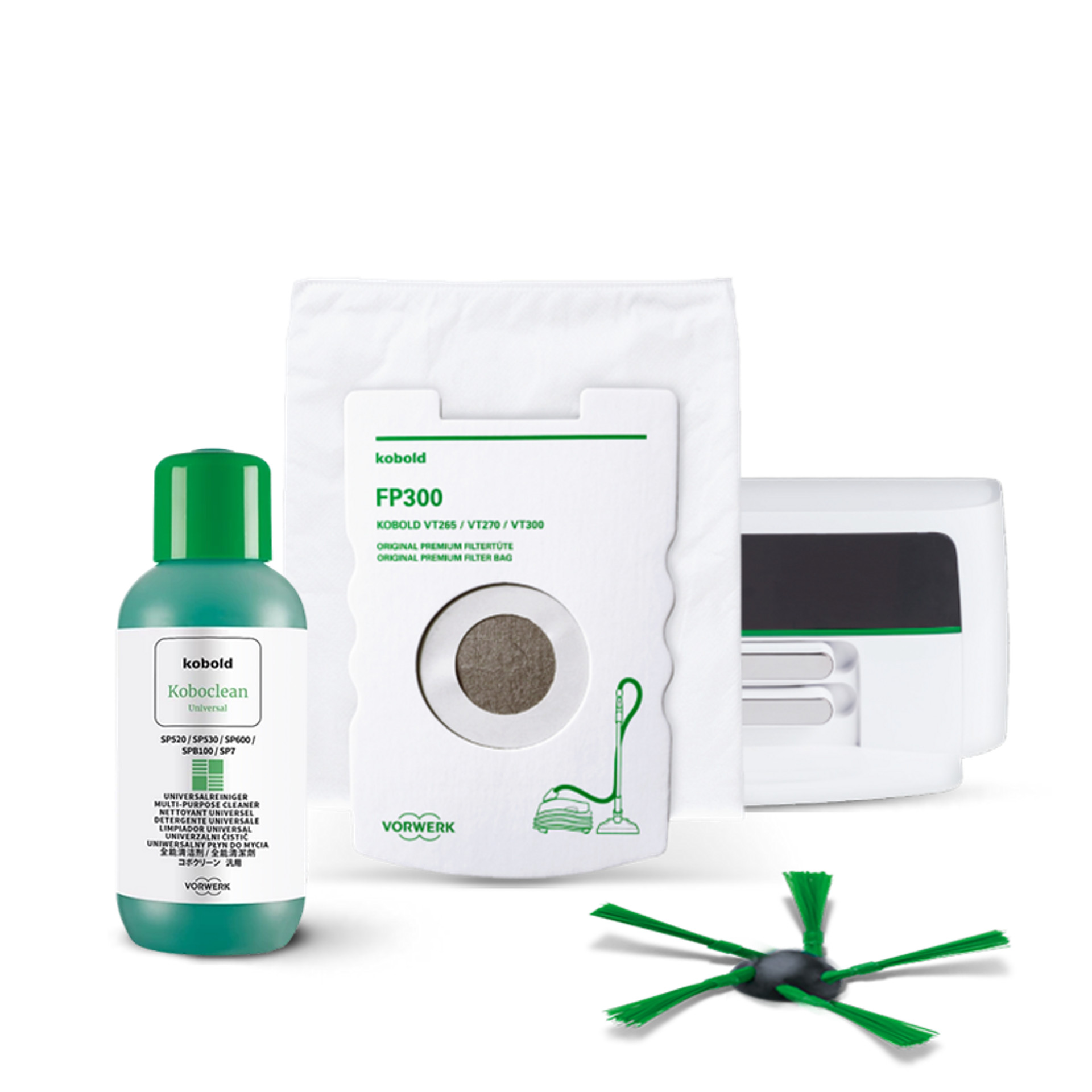Kobold cleaning set with Koboclean bottle, FP300 filter bag, side brush, and filter for Kobold vacuum.