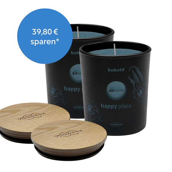 Zwei Kobold airumo happy place Duftkerzen mit Holzdeckeln und einem 39 80 Preisersparnis Hinweis
