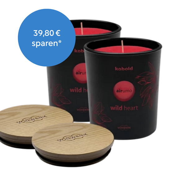 Zwei Kobold airumo wild heart Duftkerzen mit Holzdeckeln und blauem 39 80 sparen Label