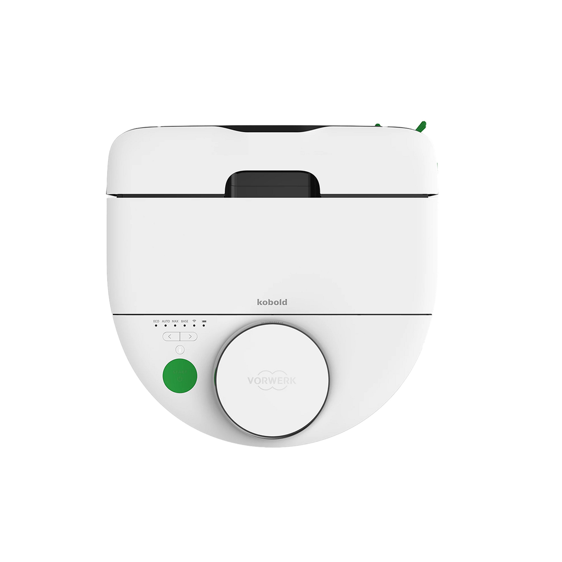 Kobold VR7 Saugroboter in Weiß, von oben gezeigt, Bedienelemente und Vorwerk Logo sichtbar.