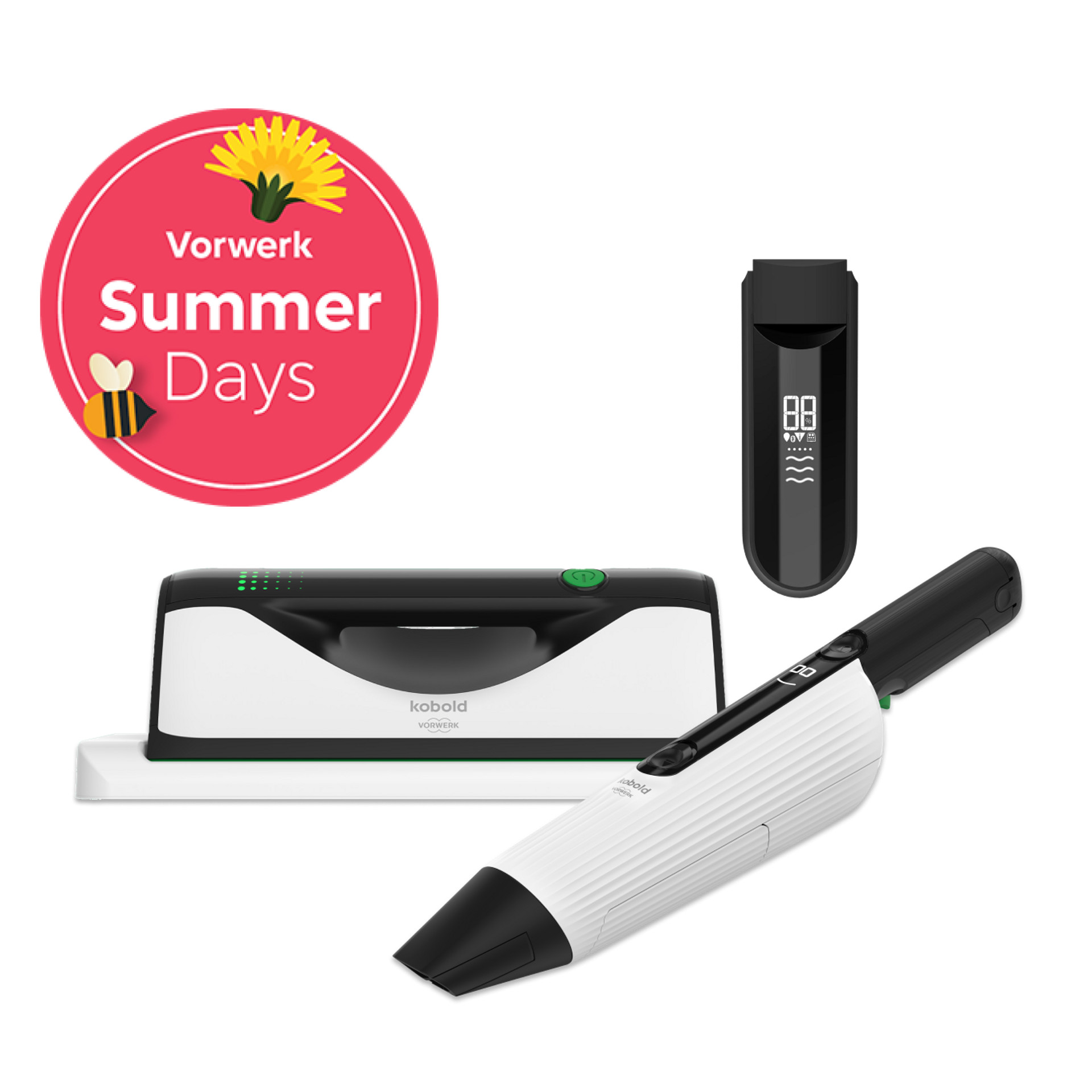 Kobold VG100+ Flächenreiniger und Kobold VM7 Akkusauger mit Fernbedienung neben Vorwerk Summer Days Badge