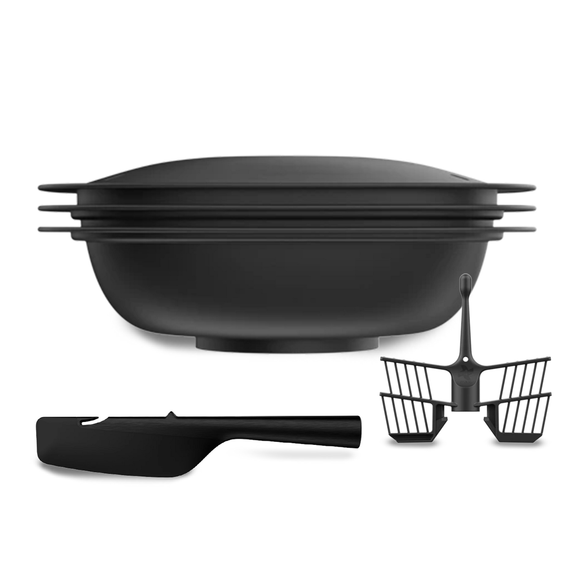 Thermomix® TM7 Zubehörset mit Varoma, Spatel und Schmetterling, alle in Schwarz dargestellt.