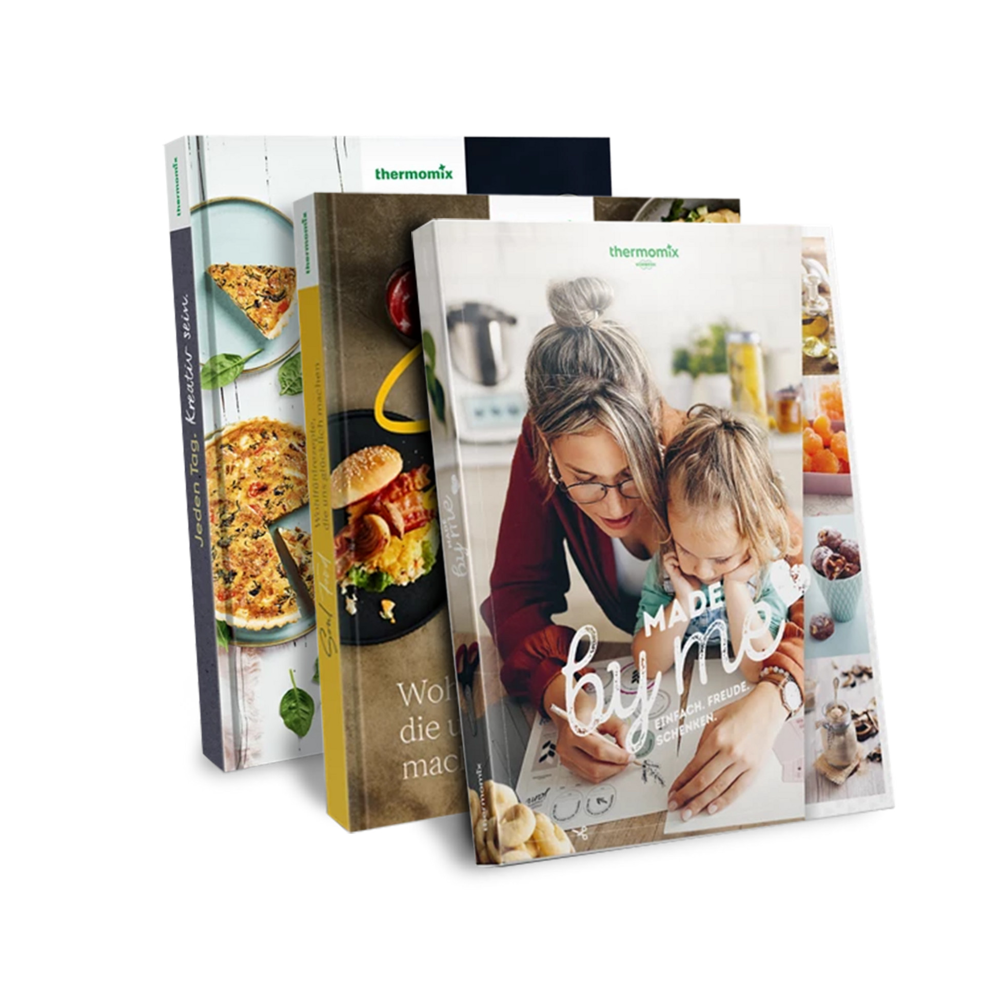 Drei Thermomix® Kochbücher stehen zusammen, mit unterschiedlichen Covern zu Gerichten und Personen.