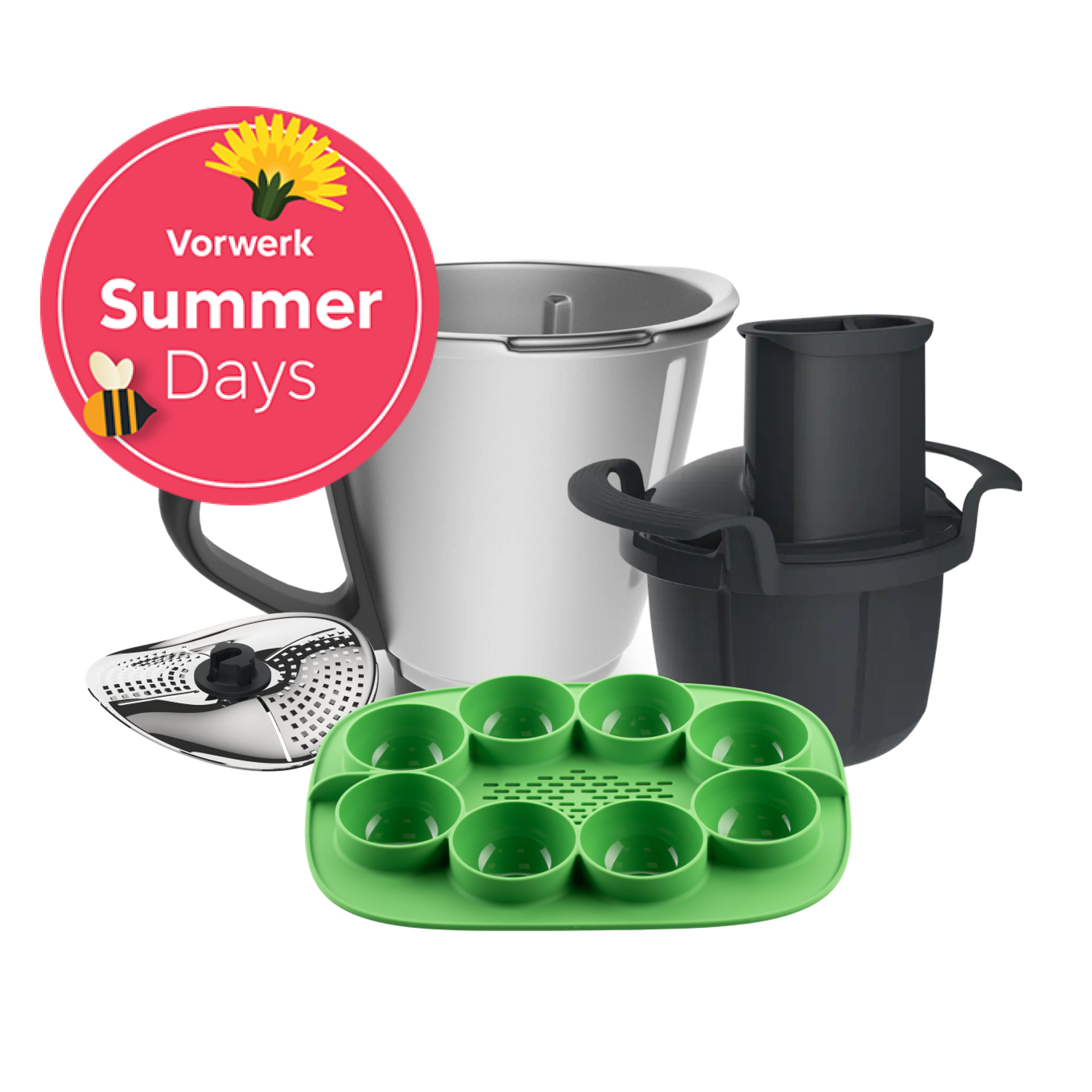 Thermomix® TM6 Mixtopf, Welle mit Peeler, Gemüse Styler Plus, grüne Silikonform und Vorwerk Summer Days Badge.