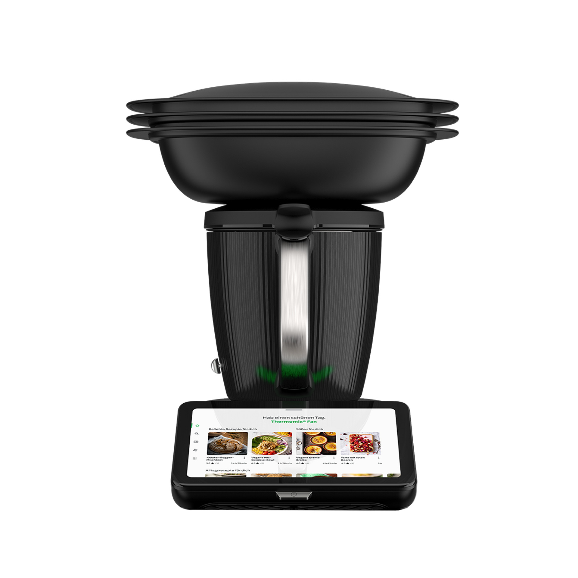Thermomix® TM7 mit Varoma Aufsatz und Display mit Rezeptauswahl.