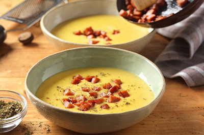 at thermomix pea apple soup with liver cheese e
