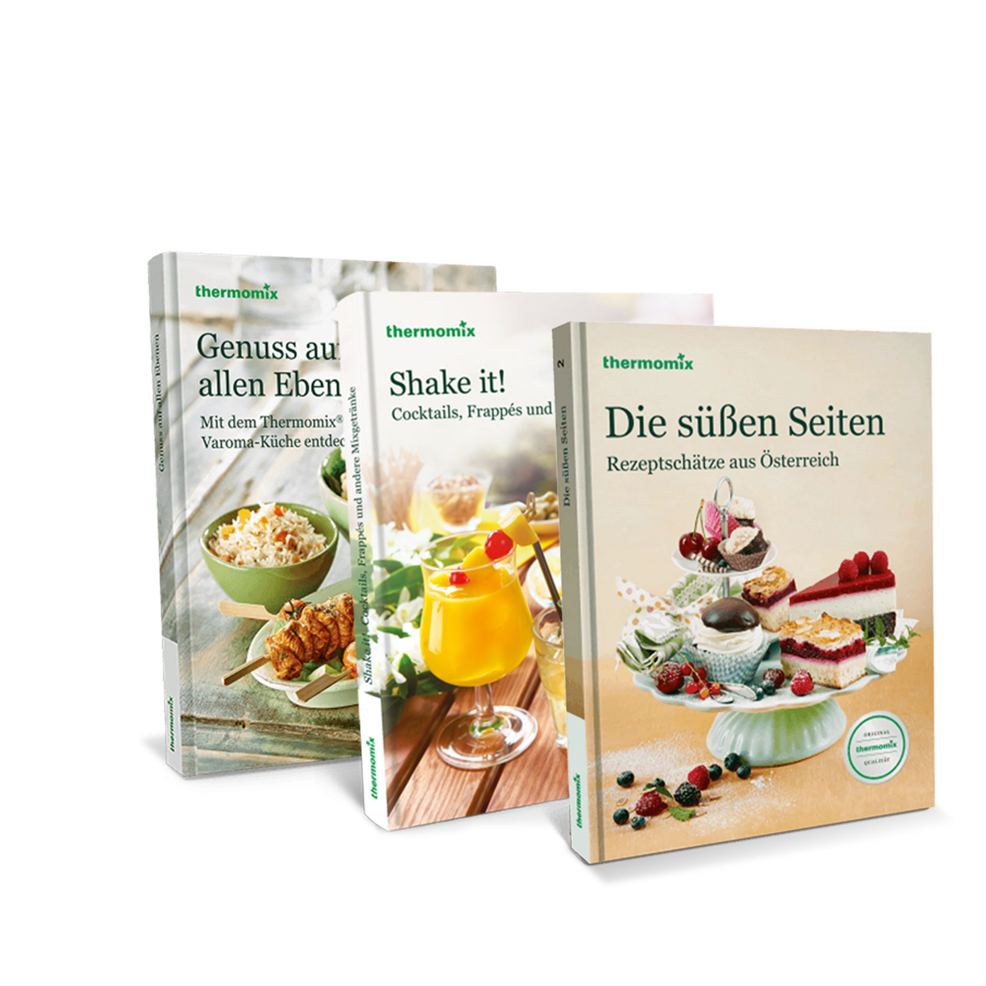 Drei Thermomix® Kochbücher auf Deutsch mit Rezepten und Speisen auf den Covern.