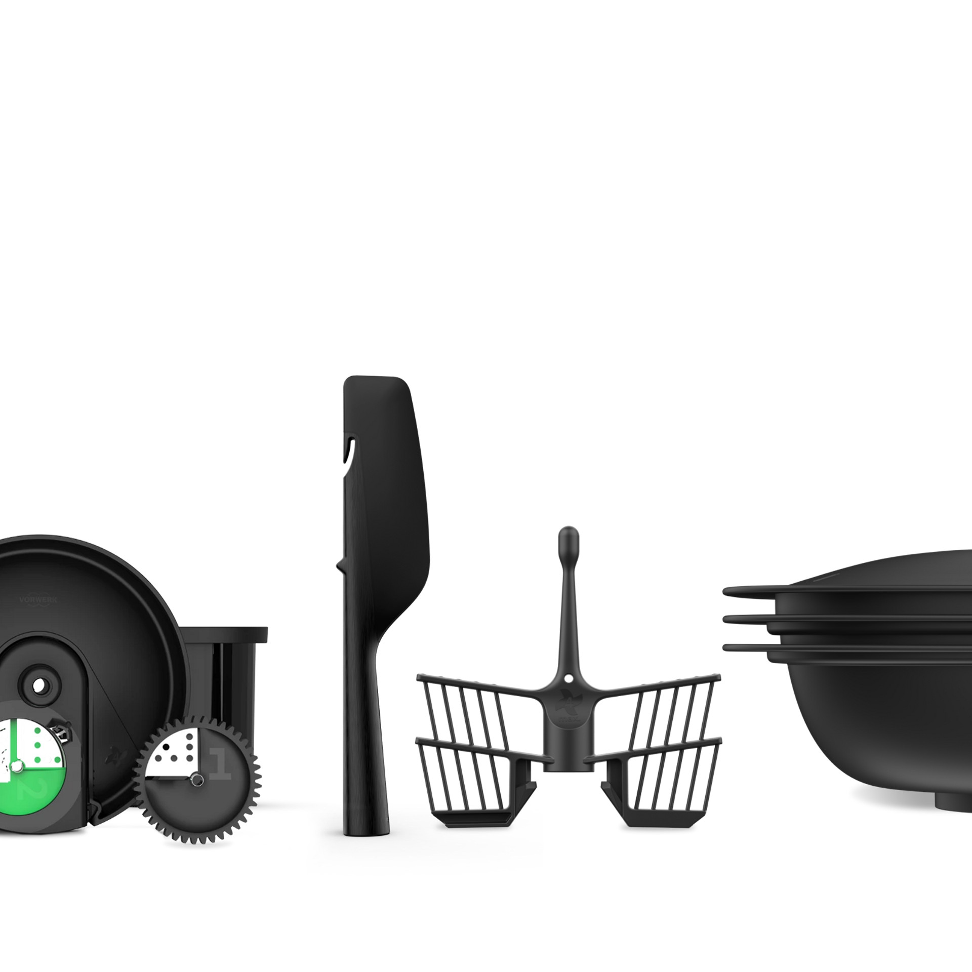 Thermomix® TM7 Zubehör: Gemüse Styler Plus Getriebe, Spatel, Schmetterling und Varoma-Set nebeneinander angeordnet.