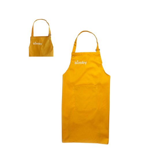 Avental amarelo com logótipo bimby e bolso frontal em fundo branco com vista circular ampliada