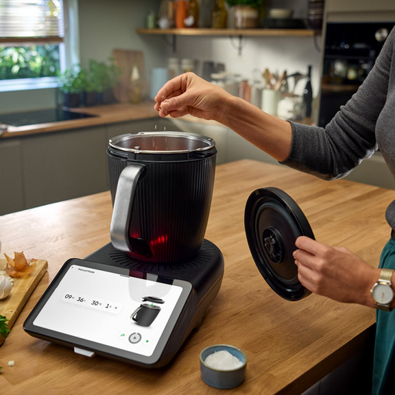 Person preparing ingredients with a Thermomix TM7 on a kitchen counter lid removed fresh herbs and sauce nearby