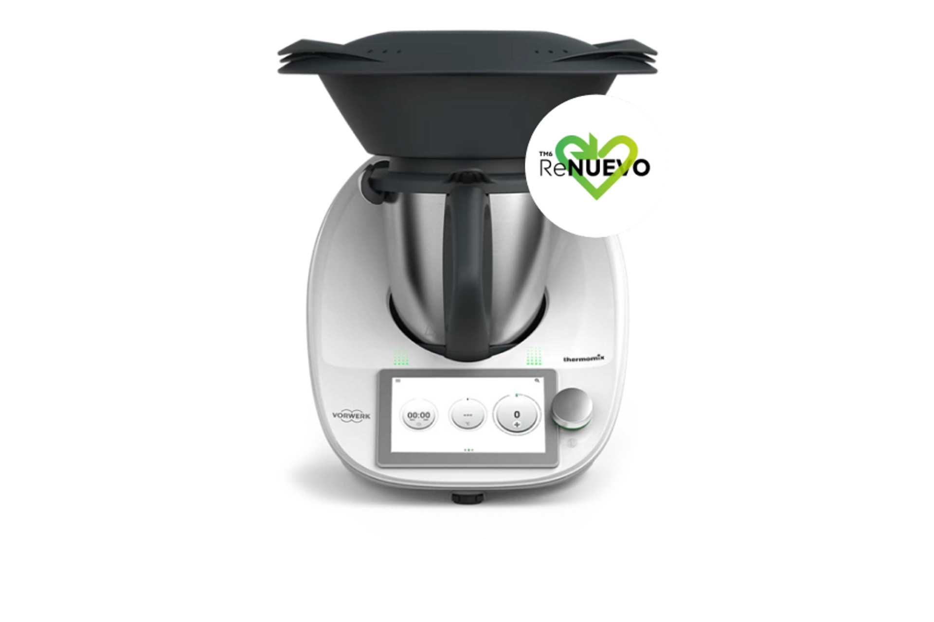 Thermomix® TM6 con Varoma y logotipo circular con un corazón verde y texto “ReNUEVO”.
