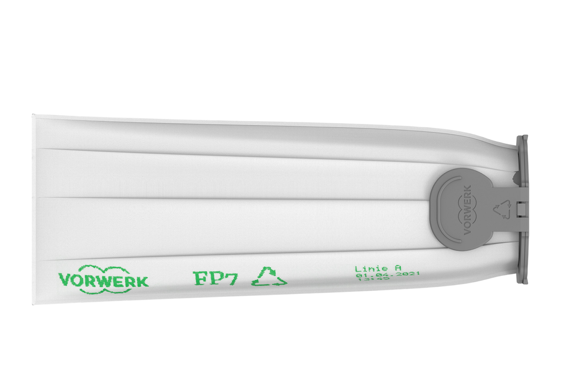 Vorwerk FP7 Staubsaugerfiltertüte, weißes Faltenmaterial mit Kunststoffhalterung, seitlich abgebildet.