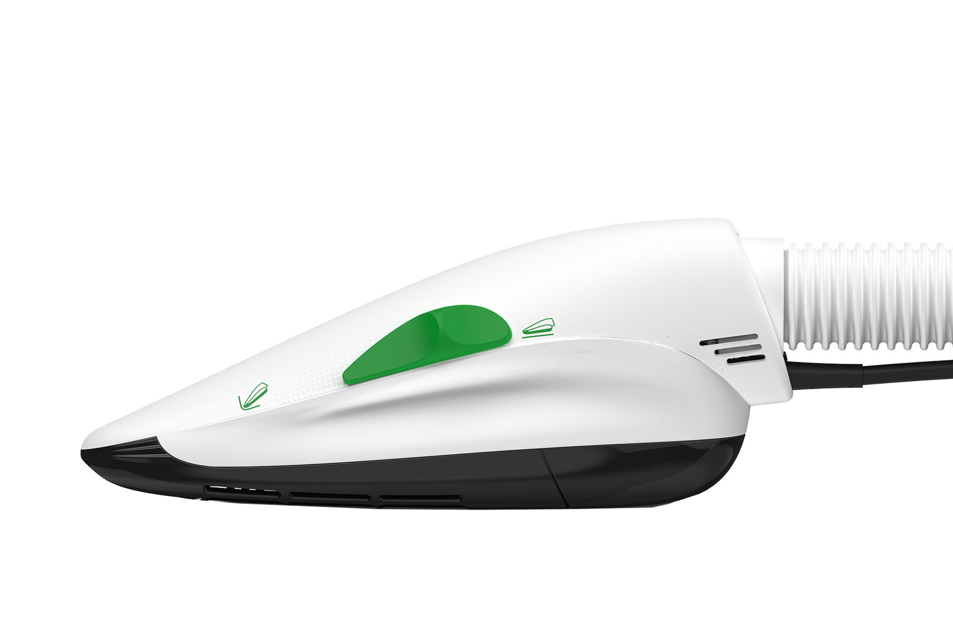 Nahaufnahme des Kobold PB7 Elektro-Polsterbürstenkopfs mit flexiblem Schlauch, weiß mit grünen Details.
