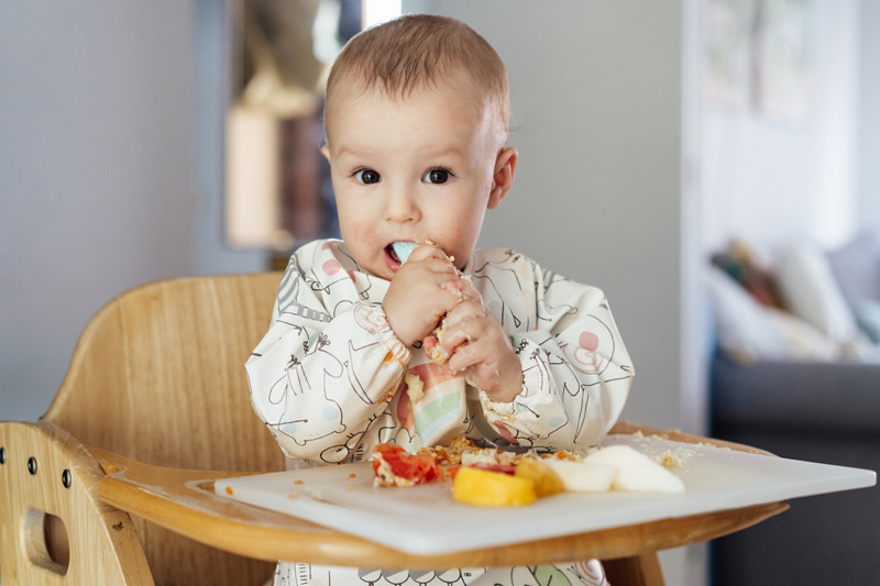 Cute baby with redness cheeks learning to eat food by himself on high chair baby led weaning or blw. Infant self-feeding solid food, introducing allergens into food. Kids' food tolerance develop