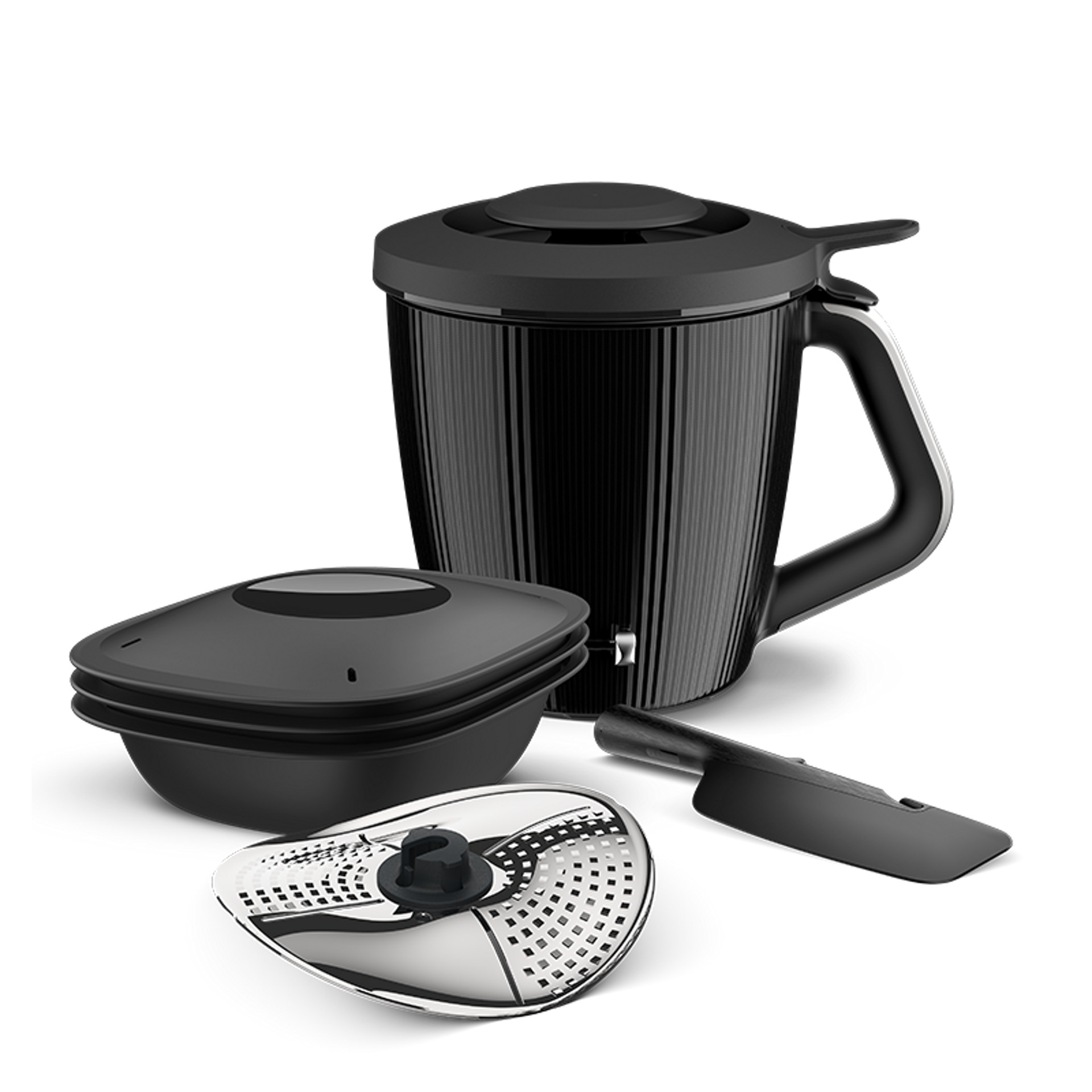 Thermomix® TM7 accessories including mixing bowl, Varoma, Thermomix® Peeler, and spatula in black.
