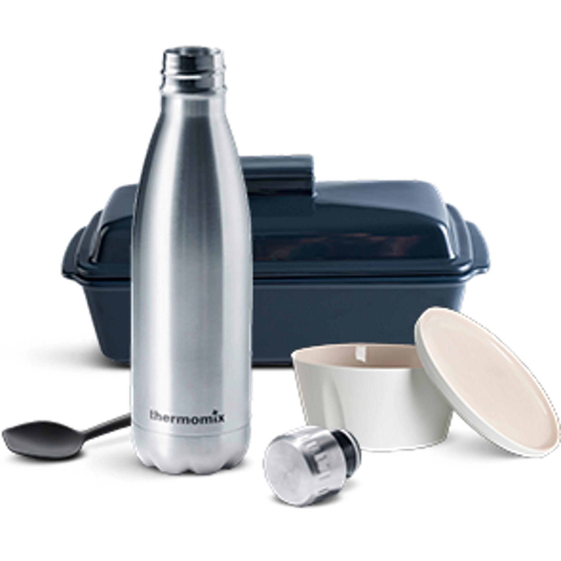 Thermomix® accessories set including a stainless steel bottle, blue baking dish, bowl with lid, and mixing tool.