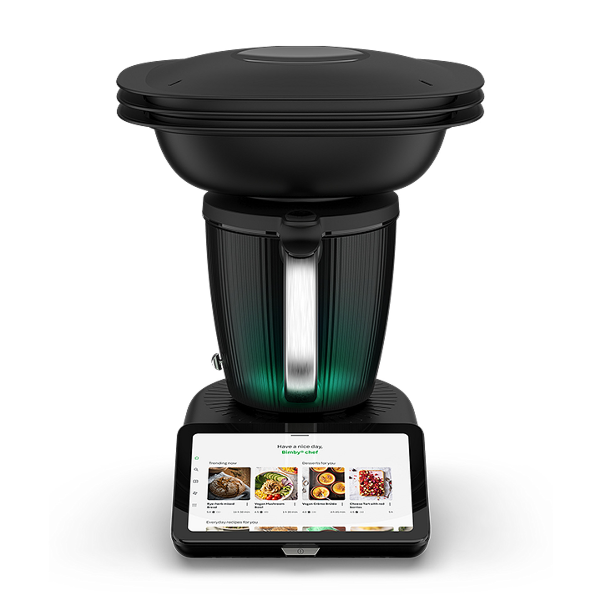 Thermomix® TM7 with Varoma attachment, touchscreen display shows recipe suggestions.