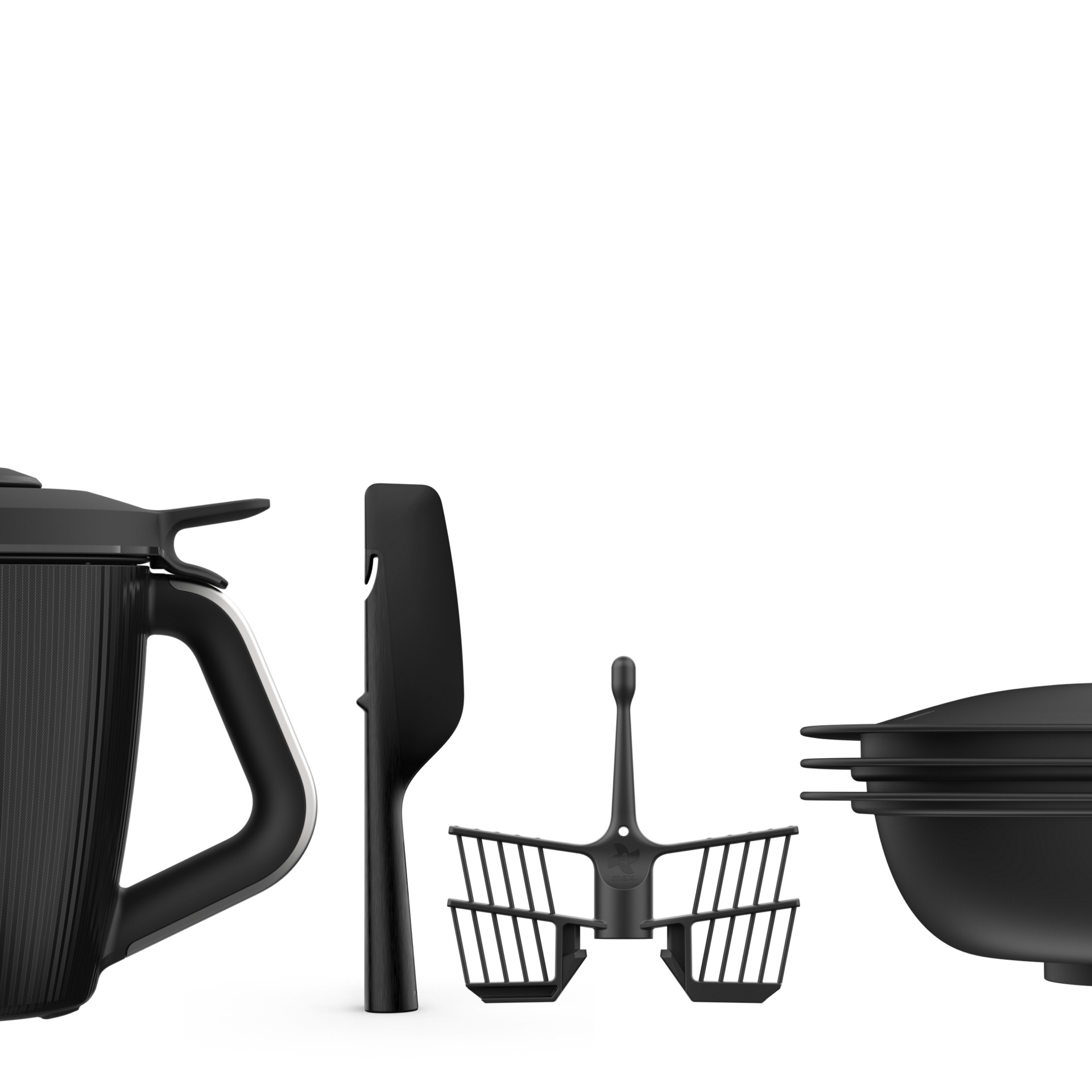 Recipiente, espátula, mariposa y Varoma del Thermomix® TM7 dispuestos juntos.