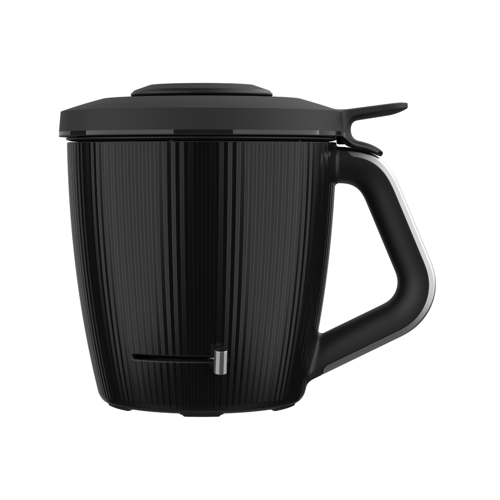 Copo de mistura Bimby® TM7 preto com tampa e pega, visto de lado.