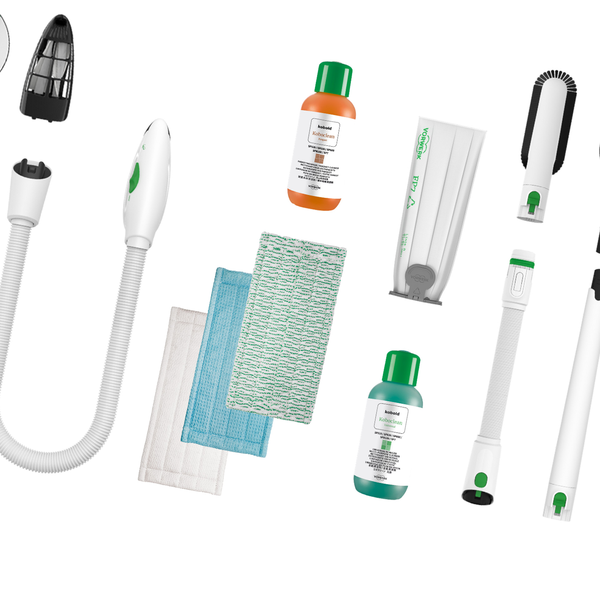 Kobold Reinigungszubehör und Reinigungsmittel, darunter Bürsten, Tücher und Spezialwerkzeuge auf weißem Hintergrund.