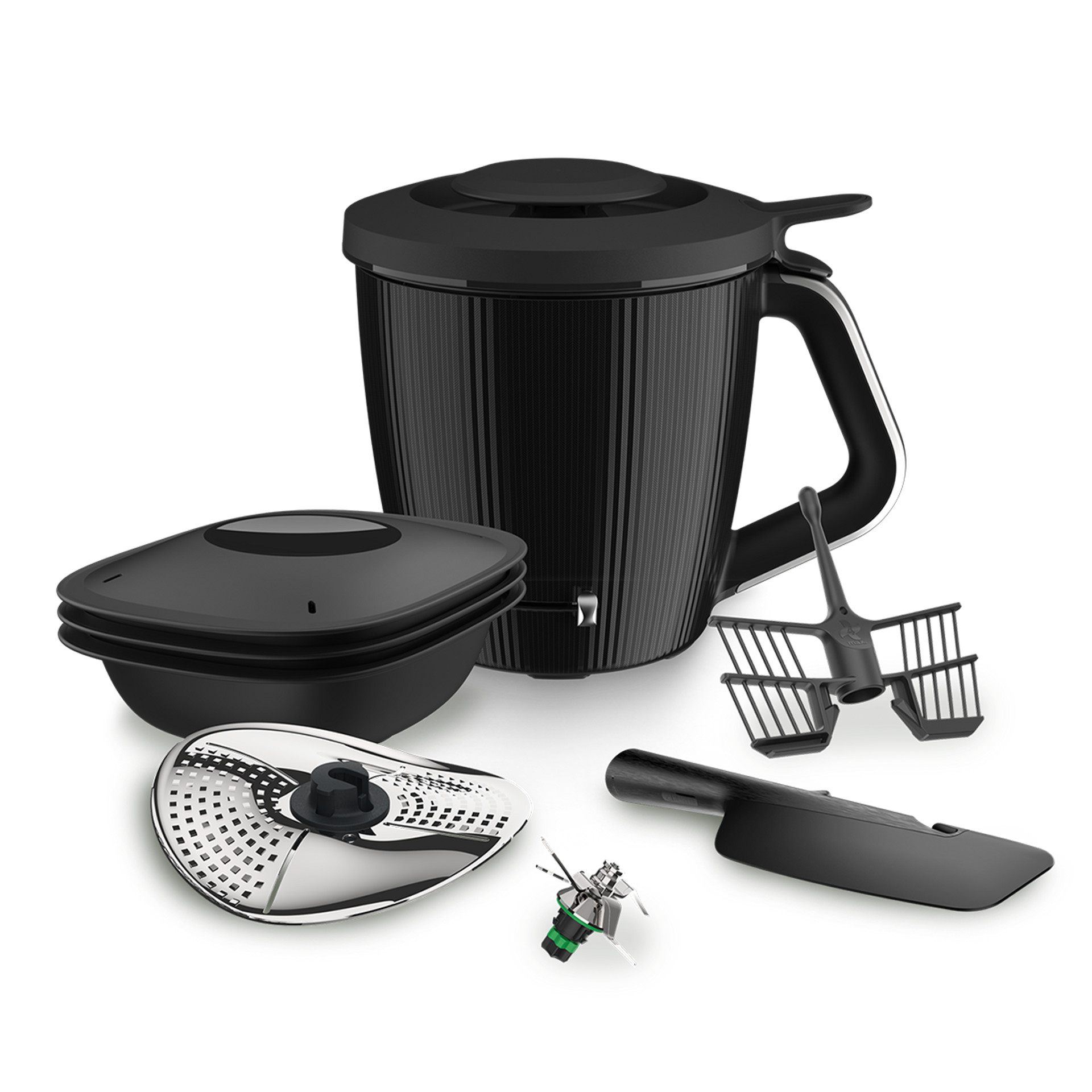 Thermomix® TM7 Mixtopf-Set mit Varoma, Peeler, Spatel, Schmetterling und Zubehör in Schwarz.