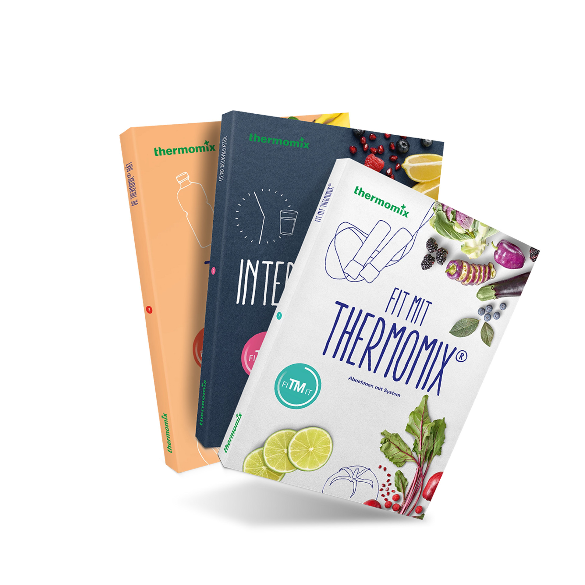 Drei Thermomix® Kochbücher mit bunten Covern, überlappend dargestellt, mit verschiedenen Food- und Wellness-Themen.