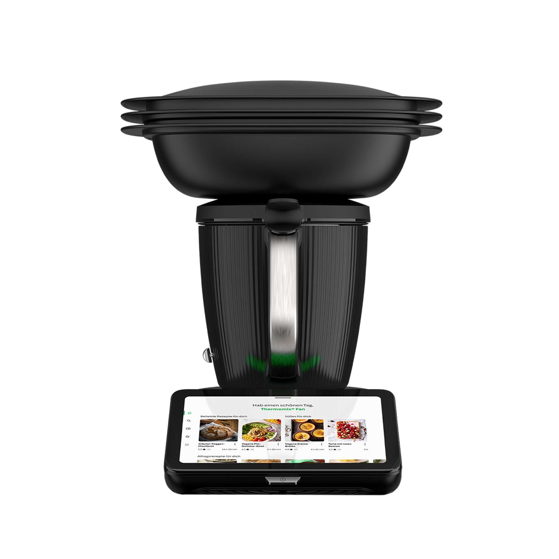 Thermomix® TM7 mit Varoma Dampfaufsatz und Touchdisplay mit Rezeptanzeige.
