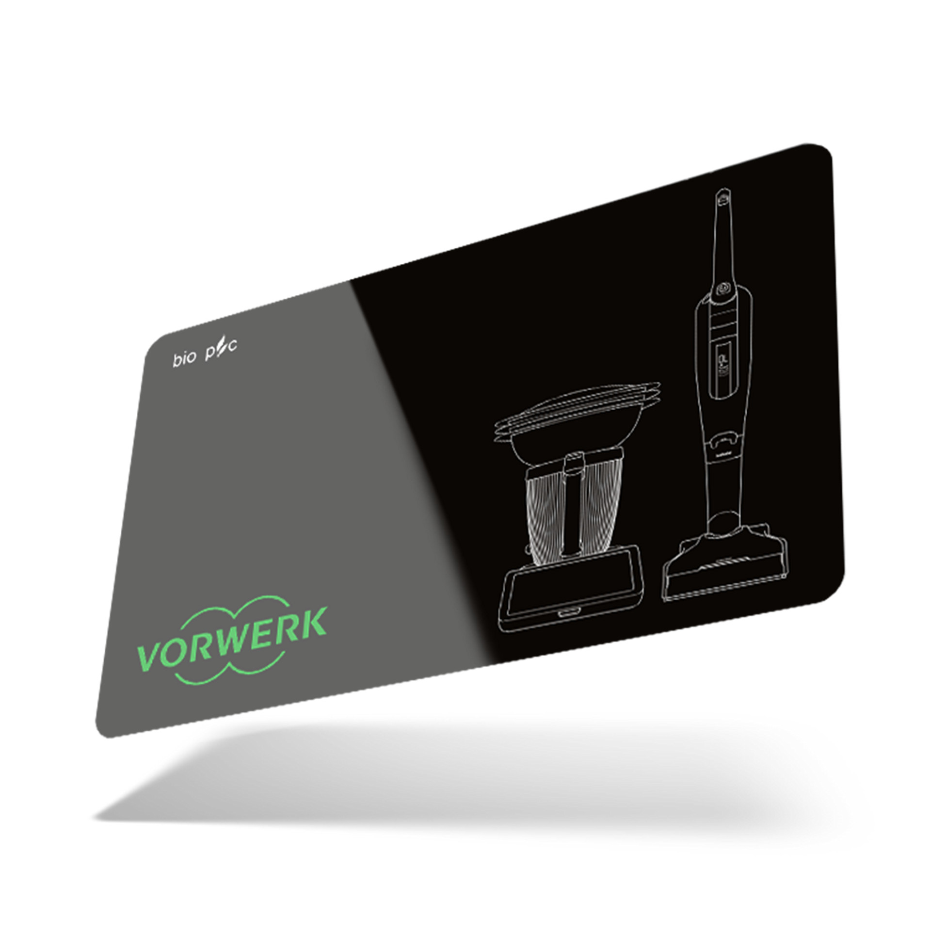 Schwarze und graue Vorwerk Bio-Kunststoffkarte mit Umrisszeichnungen von Thermomix® und Kobold VK7 Geräten.