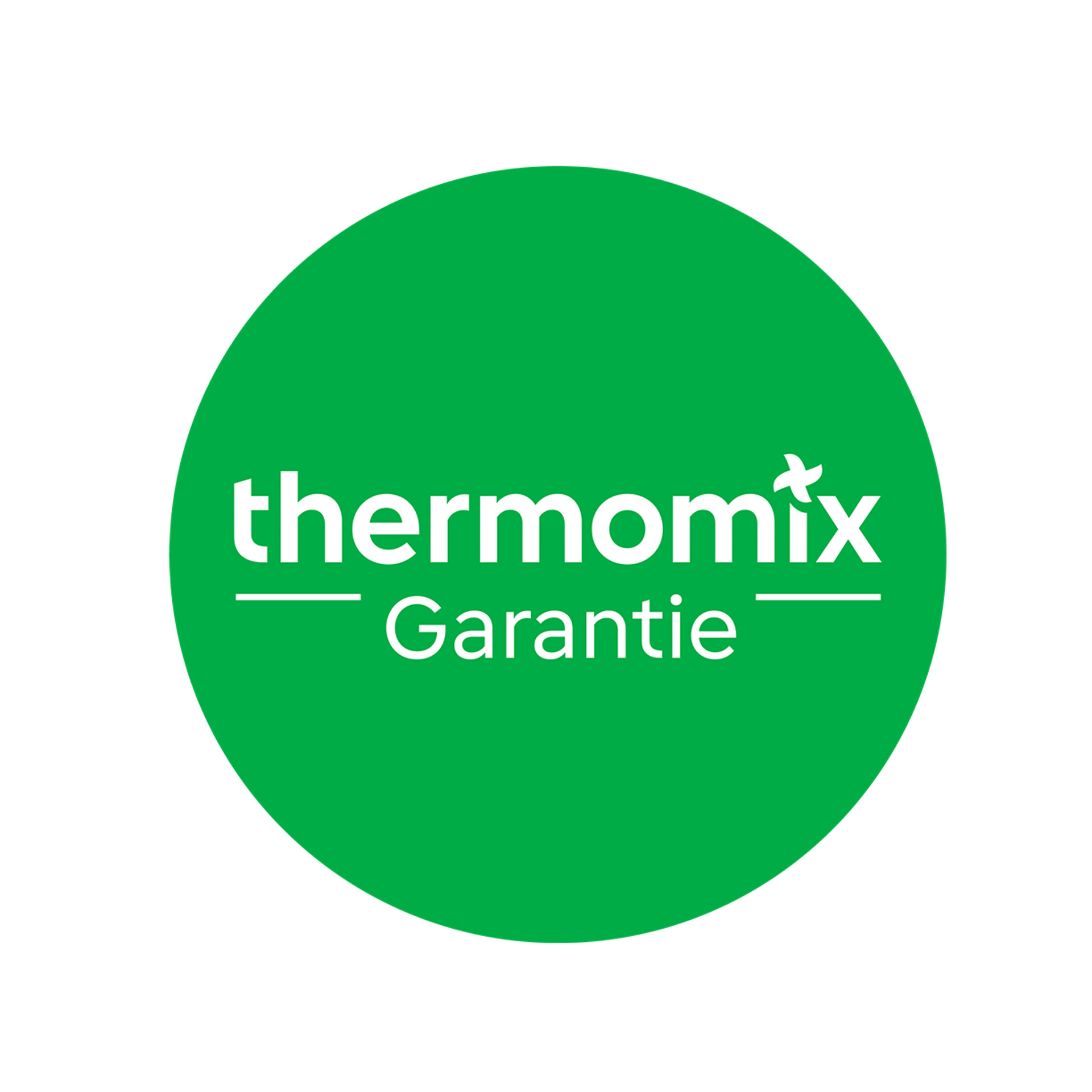Grüner Kreis mit weißem Text „thermomix Garantie“, Symbol für Thermomix® Garantie.